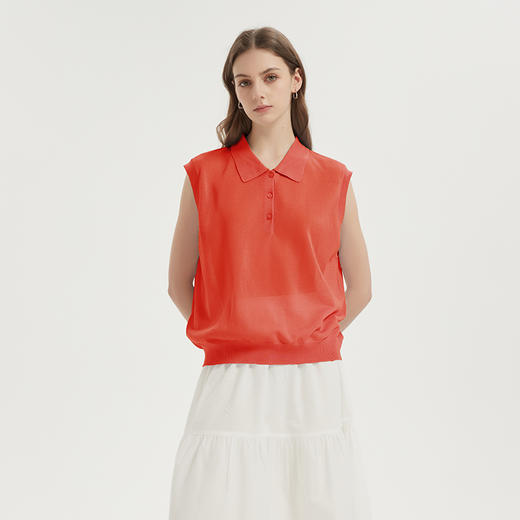 【2件9折】【Petit Bari】(多色)POLO领莱赛尔亚麻无袖针织上衣 商品图1