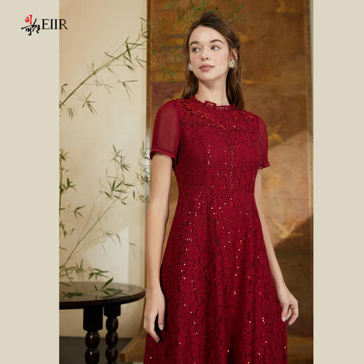 司歌蕾丝刺绣喜庆短袖收腰连衣裙A911020X 商品图1