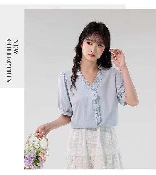 （夏季最后清仓）工艺系列～立体门襟花朵。法式花朵V 领泡泡袖薄棉短袖小衫-喜出 商品图1