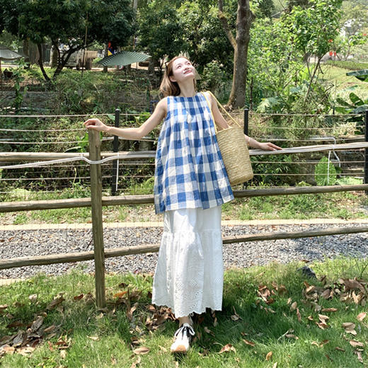 西遇a字长款半身裙套装女夏季新款圆领格子无袖上衣两件套SS050728/SS050729 商品图1