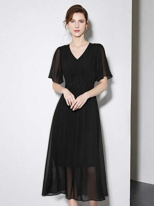 全新升级【铂金会员275/天猫369/差价94】(12509)洛诗琳连衣裙夏女2025新款女装纯色高级漂亮中长款法式黑色裙子 商品图1