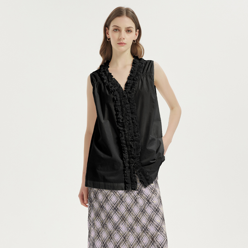 【2件9折】【Petit Bari】(多色)女士设计感木耳边法式小衫无袖衬衫