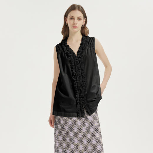 【2件9折】【Petit Bari】(多色)女士设计感木耳边法式小衫无袖衬衫 商品图0