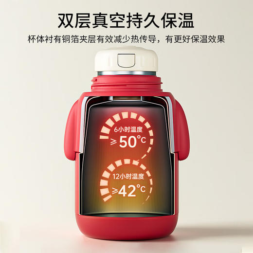 【5F】YEEHOO英氏 儿童保温杯婴儿吸管杯幼儿园水杯小学生上学专用喝水杯直饮杯 中国红礼盒装 一杯双盖 480ml 商品图4