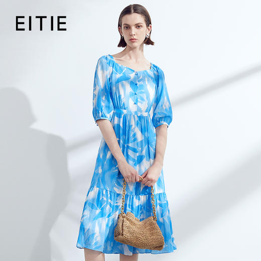 EITIE爱特爱夏季新款显瘦高腰洋气桃心领五分袖印花连衣裙7807566 商品图0