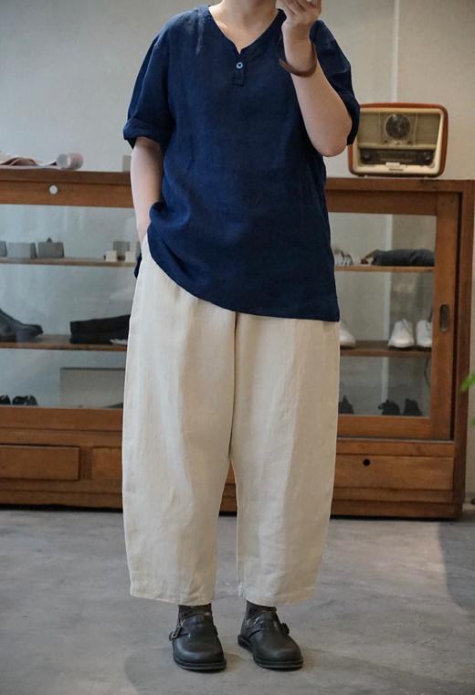 Mittan 蓝染草木浓染纽扣半袖麻质套头上衣(SH-135DC) 商品图0