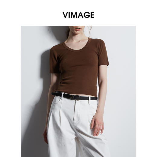 VIMAGE纬漫纪简约灰色圆领修身针织短袖T恤上衣2025夏季新款V2301928 商品图8