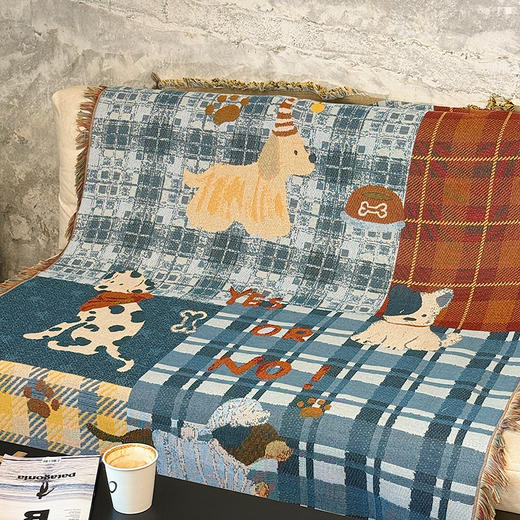 自然醒中古风艺术挂毯沙发毯复古美式田园格子拼接小狗针织毯午睡盖毯野餐布垫MT 商品图5