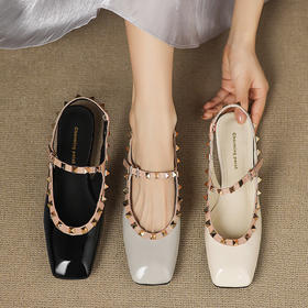 【预售5天】法式气质温柔风铆钉包头浅口方头玛丽珍凉鞋女一字带低跟HTK&F2310-3