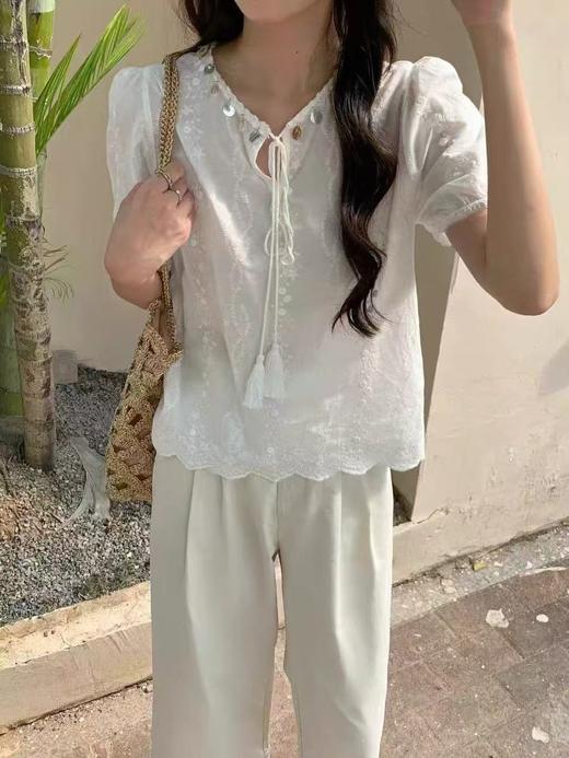 （夏季最后清仓）重工刺绣工艺系列～贝壳钉珠。刺绣薄款短袖小衫上衣天然棉小衫-喜出 商品图2