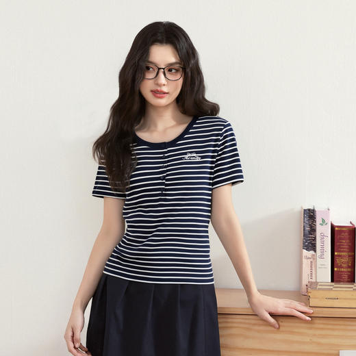 【积分换购不退货】【特惠不退货】诗凡黎圆领条纹T恤2024夏新款洋气短袖上衣3F5200521 商品图4