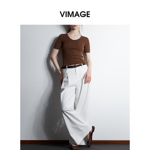 VIMAGE纬漫纪简约灰色圆领修身针织短袖T恤上衣2025夏季新款V2301928 商品图7