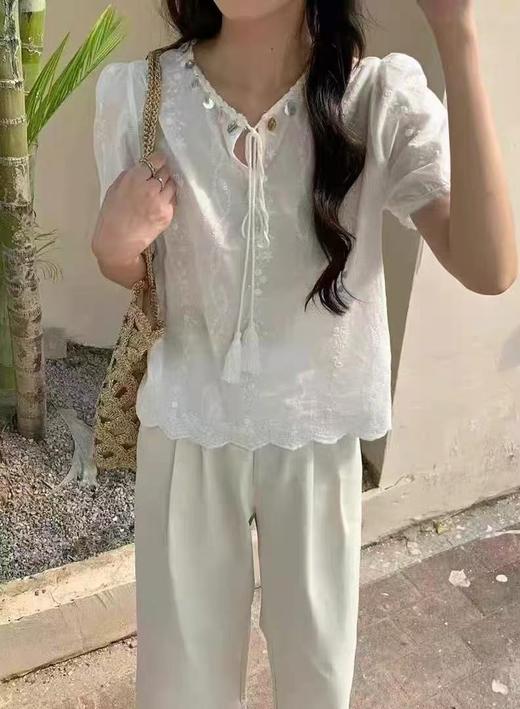 （夏季最后清仓）重工刺绣工艺系列～贝壳钉珠。刺绣薄款短袖小衫上衣天然棉小衫-喜出 商品图4