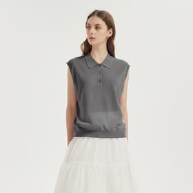 【2件9折】【Petit Bari】(多色)POLO领莱赛尔亚麻无袖针织上衣