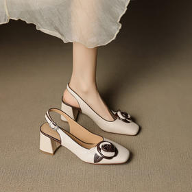 【预售5天】夏季新款绝美真皮花朵包头凉鞋女配裙子仙女复古粗跟后空单鞋168XY&1681256