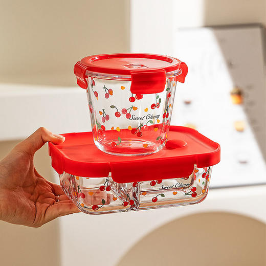 摩登主妇樱桃保鲜盒玻璃饭盒微波炉加热上班族食品级水果盒便当盒 商品图0