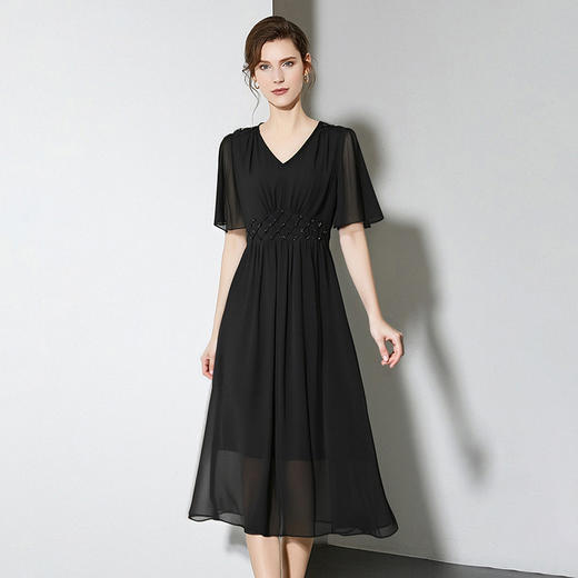全新升级【铂金会员275/天猫369/差价94】(12509)洛诗琳连衣裙夏女2025新款女装纯色高级漂亮中长款法式黑色裙子 商品图0