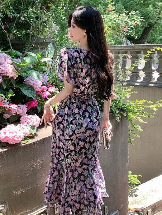 温柔风夏季新款碎花连衣裙子V领雪纺女装复古法式印花鱼尾茶歇裙 商品图2