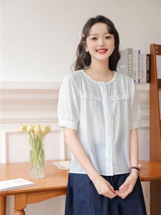 8.3秒杀 （微脏）工艺系列～圆领蕾丝横条。法式蕾丝薄棉短袖小衫-喜出 商品图0