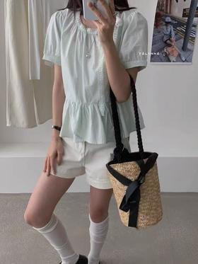 工艺系列～蕾丝飘带。2520蝴蝶结绑带甜美蕾丝天然棉小衫上衣-喜出