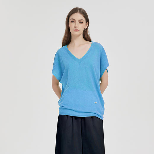 【2件9折】【Petit Bari】(多色)慵懒松弛V领莱赛尔亚麻上衣短袖 商品图1