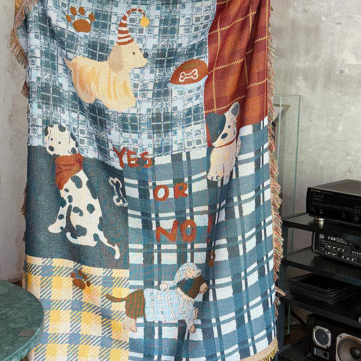 自然醒中古风艺术挂毯沙发毯复古美式田园格子拼接小狗针织毯午睡盖毯野餐布垫MT 商品图8