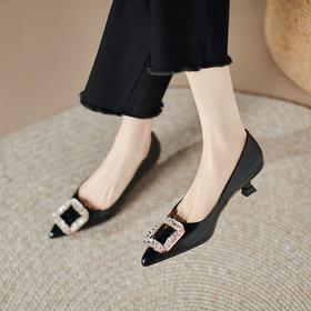 【预售5天】新款真皮水钻尖头职业黑色皮鞋中低跟通勤浅口四季单鞋YS&YSD4181