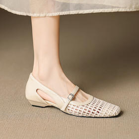 【预售5天】法式赫本风方头粗跟编织镂空包头凉鞋浅口单鞋女夏新款玛丽珍SY& G1438