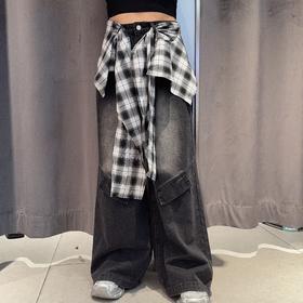 MZ个性设计搭格子配饰阔腿牛仔裤50330 夏季 039812222577