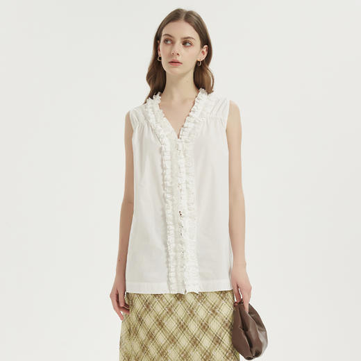 【2件9折】【Petit Bari】(多色)女士设计感木耳边法式小衫无袖衬衫 商品图1