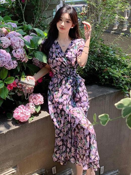 温柔风夏季新款碎花连衣裙子V领雪纺女装复古法式印花鱼尾茶歇裙 商品图3