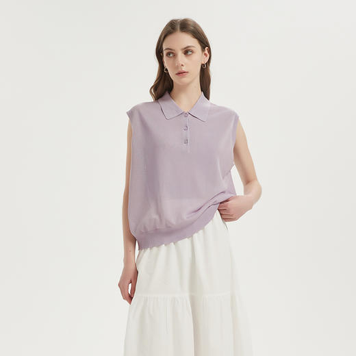 【2件9折】【Petit Bari】(多色)POLO领莱赛尔亚麻无袖针织上衣 商品图2