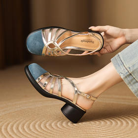 【预售5天】文艺复古百搭拼色包头凉鞋，粗高跟圆头包头后空罗马凉鞋LD&7352