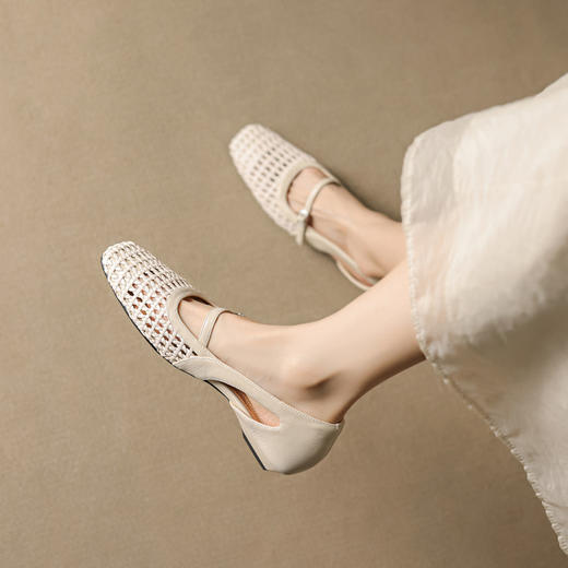 【预售5天】法式赫本风方头粗跟编织镂空包头凉鞋浅口单鞋女夏新款玛丽珍SY& G1438 商品图4