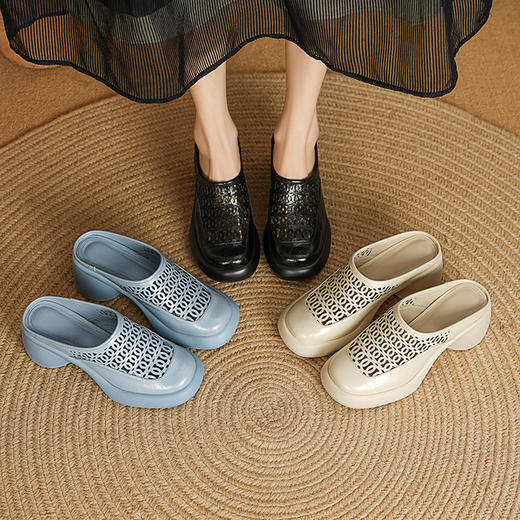 【预售5天】包头厚底凉拖女真皮外穿粗跟半拖新款夏季镂空网眼洞洞拖鞋MLD&AM930 商品图4