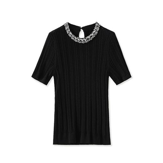 「高货wl」全新升级【铂金会员220/天猫299/差价79】(10614)洛诗琳法式轻奢气质镶钻圆领钩花修身显瘦短袖针织上衣 商品图2