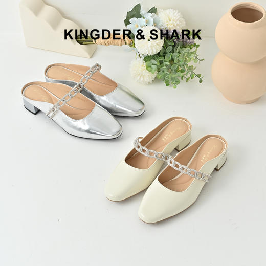 经典鲨2025夏季新品牛皮革法式复古方头一脚蹬气质凉拖鞋女KW117-529061 商品图0