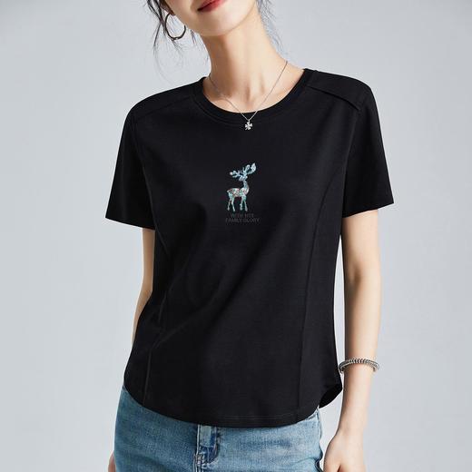 「自」全新升级【铂金会员109/天猫139/差价30】(21759)洛诗琳刺绣时尚圆领短袖T恤女2025夏季新款字母亮片刺绣上衣 商品图2