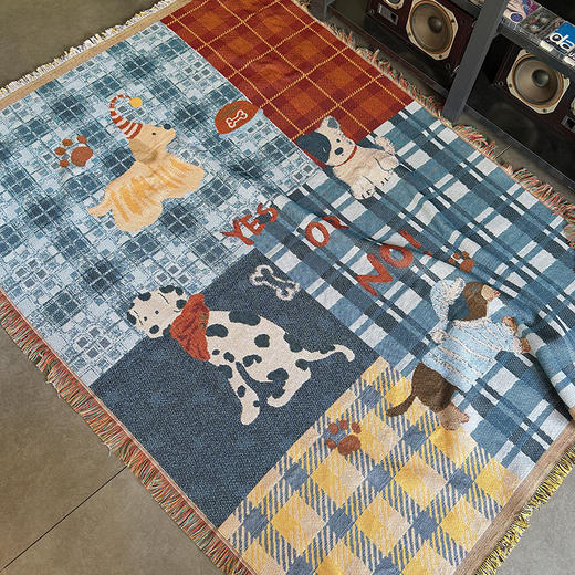 自然醒中古风艺术挂毯沙发毯复古美式田园格子拼接小狗针织毯午睡盖毯野餐布垫MT 商品图9