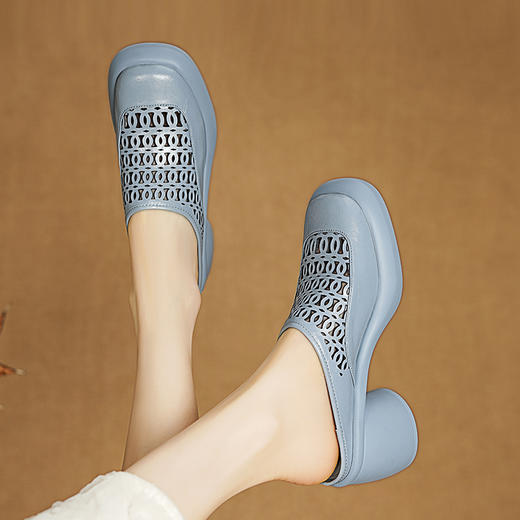 【预售5天】包头厚底凉拖女真皮外穿粗跟半拖新款夏季镂空网眼洞洞拖鞋MLD&AM930 商品图3