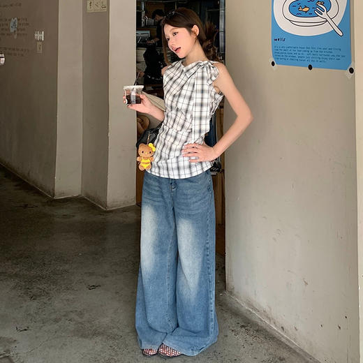 西遇格子无袖上衣女2025年夏季新款设计感蝴蝶结系带褶皱格纹背心SS050759 商品图1