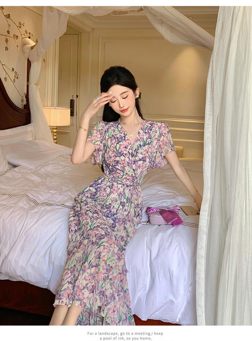 温柔风夏季新款碎花连衣裙子V领雪纺女装复古法式印花鱼尾茶歇裙 商品图6