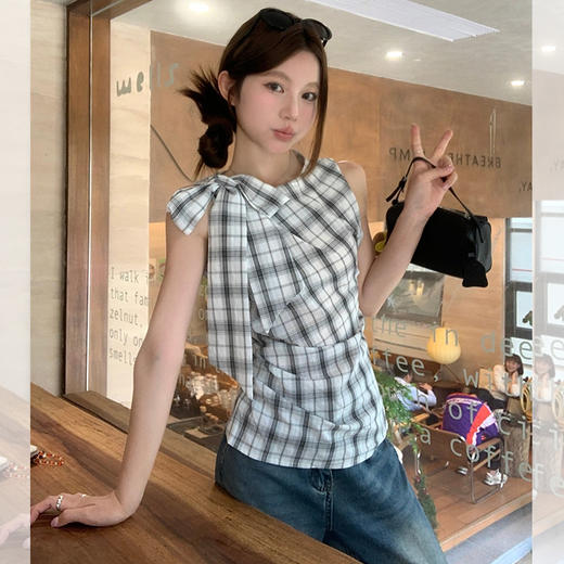 西遇格子无袖上衣女2025年夏季新款设计感蝴蝶结系带褶皱格纹背心SS050759 商品图0