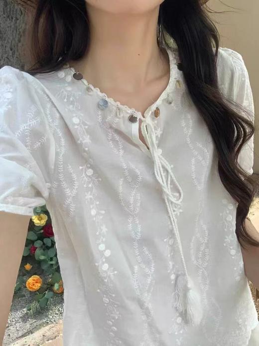 （夏季最后清仓）重工刺绣工艺系列～贝壳钉珠。刺绣薄款短袖小衫上衣天然棉小衫-喜出 商品图3