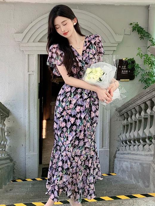 温柔风夏季新款碎花连衣裙子V领雪纺女装复古法式印花鱼尾茶歇裙 商品图0