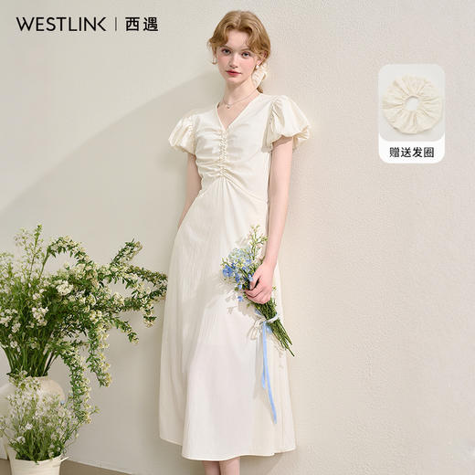 法式浪漫飞飞袖连衣裙女夏季V领抽褶收腰长裙配发圈H0050864 商品图0