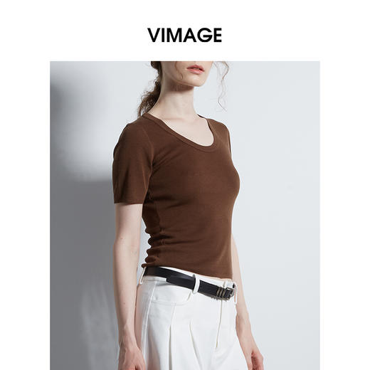 VIMAGE纬漫纪简约灰色圆领修身针织短袖T恤上衣2025夏季新款V2301928 商品图6