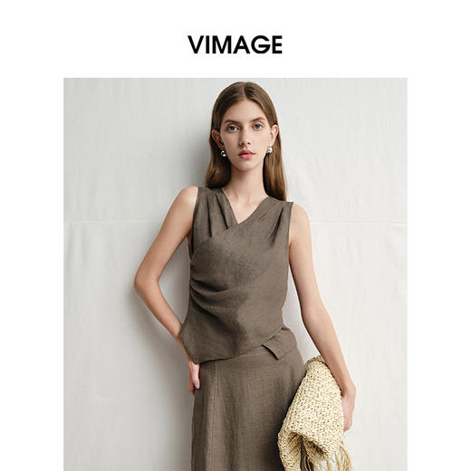 VIMAGE纬漫纪亚麻T恤法式无袖显瘦上衣女夏季新款V2313936 商品图1