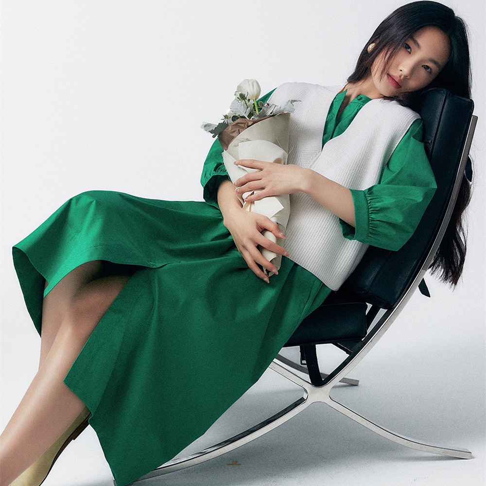 Jurliedi茱莉缇 | 祖母绿泡泡袖连衣裙