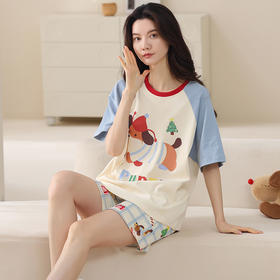 【带胸垫】夏天纯棉可爱短袖睡衣 免穿内衣可外穿休闲家居服套装